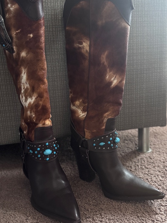 Steve Madden Shoes - Western-Style Brown and White Hair-On Leather Boots with Turquoise Studs